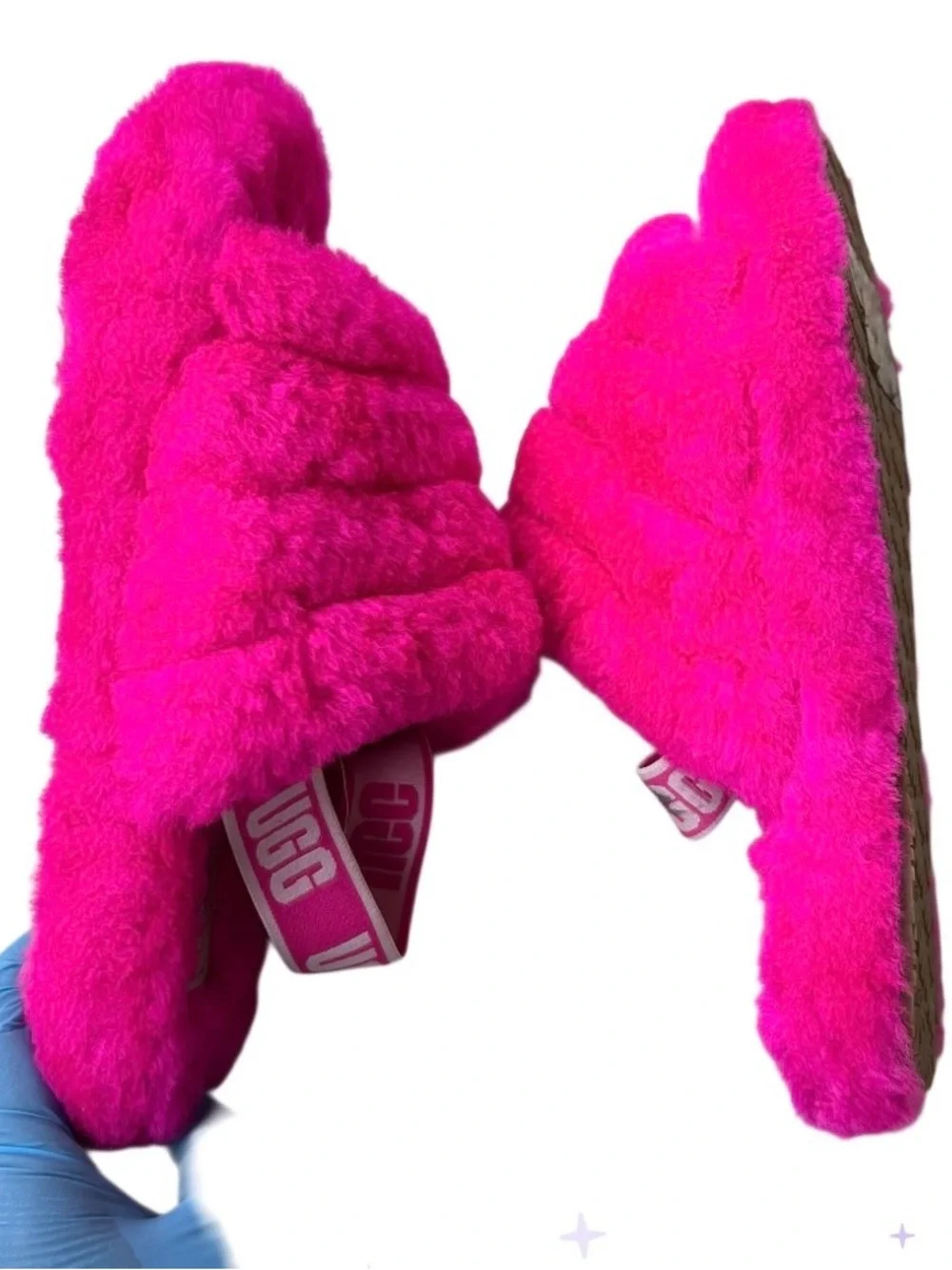 UGG Fluff Pink Slider Sandal Logo Strap Size 4